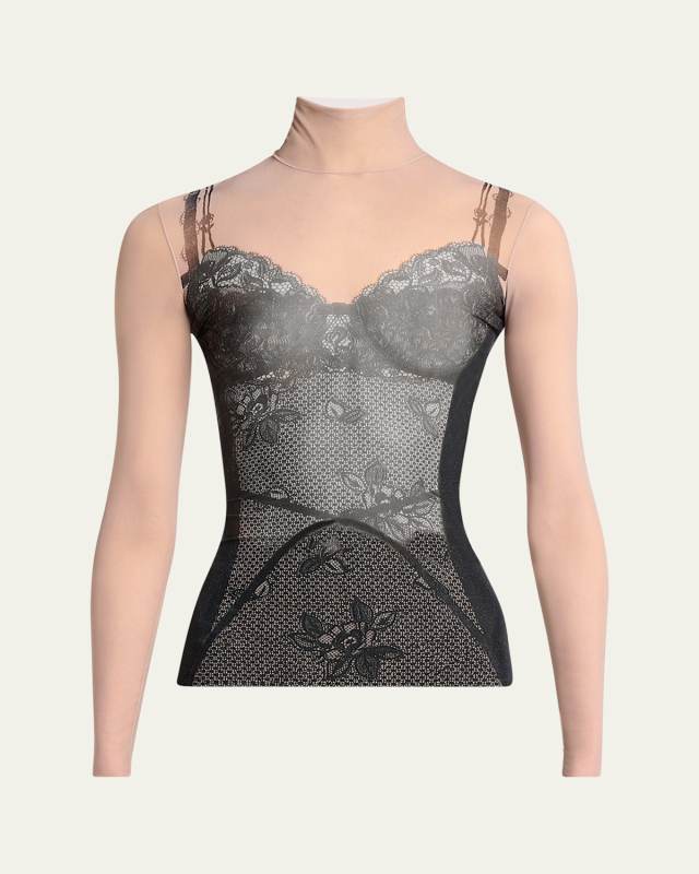 Lingerie Trompe L'oeil Mesh Turtleneck Top